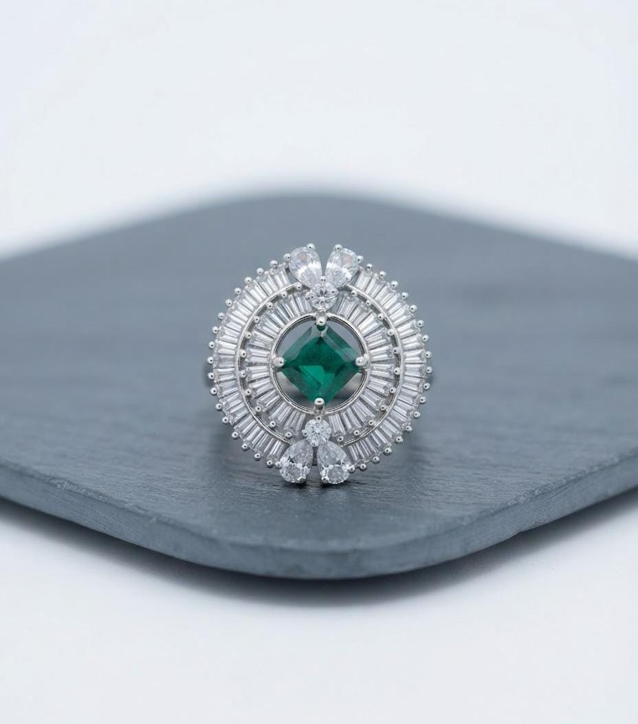 Silver Tone Cocktail Ring| Indian Statement Ring| Baguette CZ Sunburst Ring| Big Ethnic Party Ring| South Asian Wedding Guest Jewelry