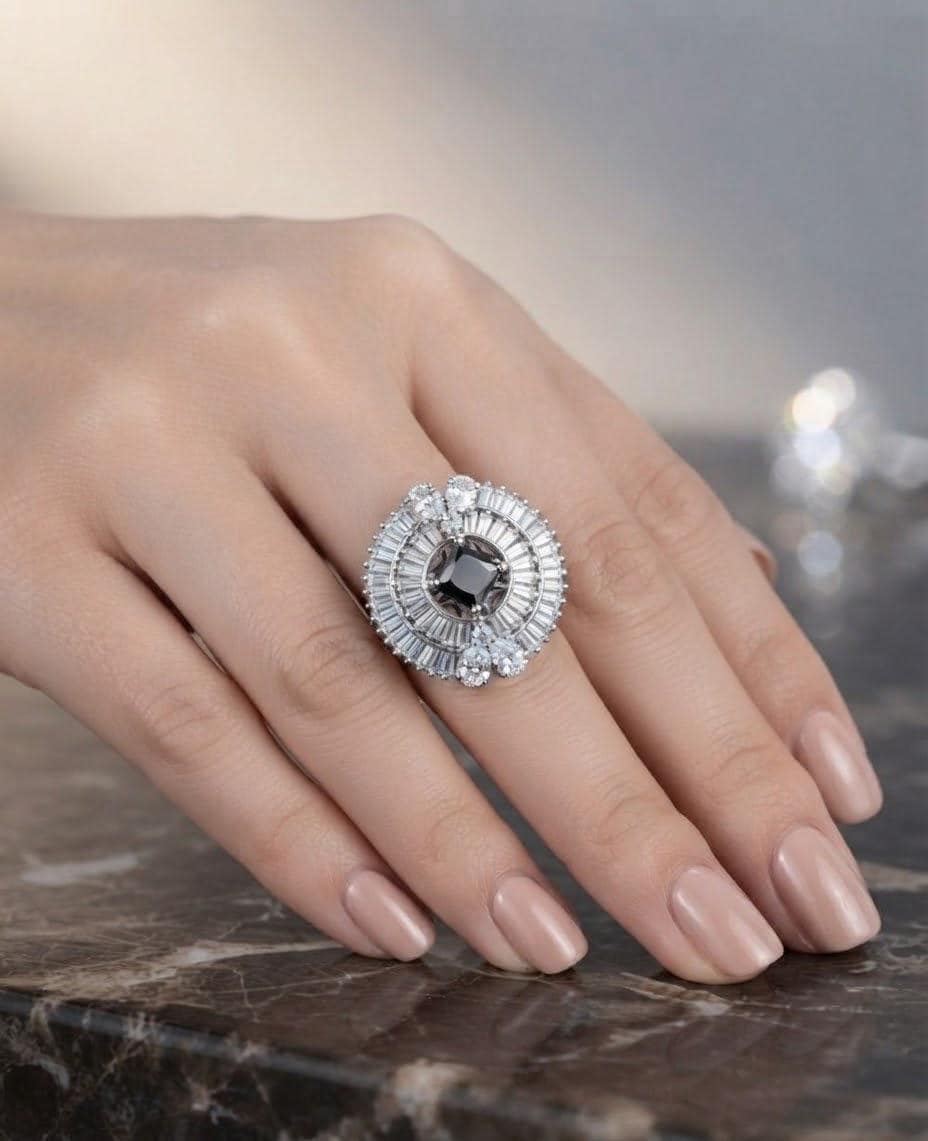Silver Tone Cocktail Ring| Indian Statement Ring| Baguette CZ Sunburst Ring| Big Ethnic Party Ring| South Asian Wedding Guest Jewelry