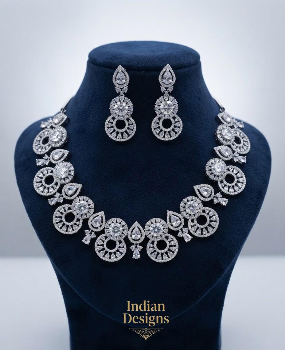 CZ Necklace Set Indian Bridal Jewelry| American Diamond Choker necklace| Statement necklace| AD stone silver Indian jewelry| Gif t for her