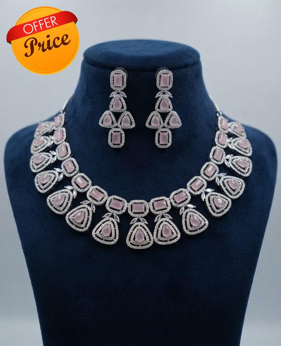 American Diamond Choker| Indian CZ Necklace Set with Earrings| Mint Pink Crystal Collar| Bollywood Bridal Jewelry South Asian Wedding Jewels