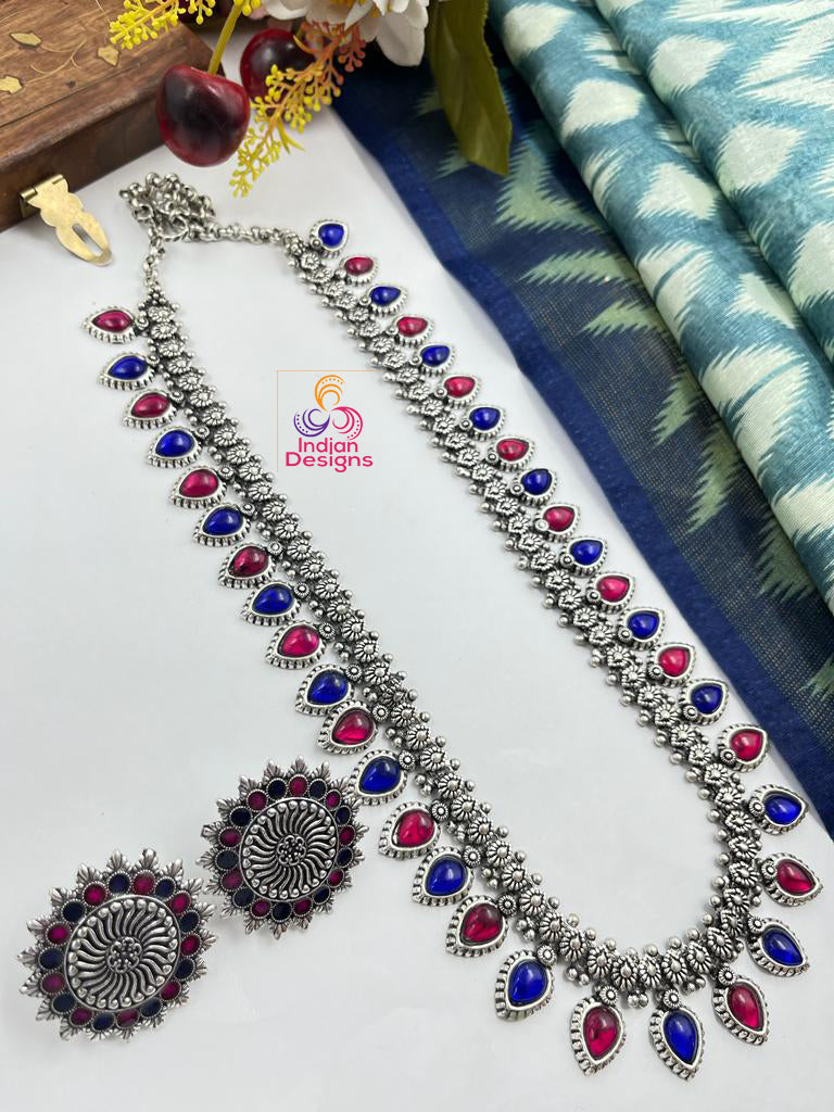 High Quality German Silver Oxidized Long Necklace Jewelry set | Indian Bollywood Necklace | Antique Silver Long Necklace
