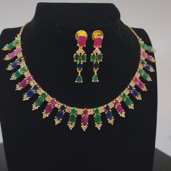 Gold plated cz american diamond necklace & earrings| ad stones simple gold choker indian wedding jewelry set| statement choker| gift for her