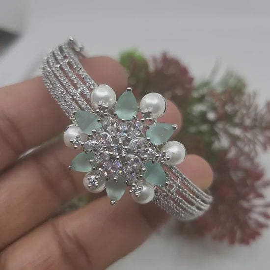 American diamond kada bangle bracelet | cz stone bangles silver | hand crafted openable bangles | ad pearls kada bangle with floral design