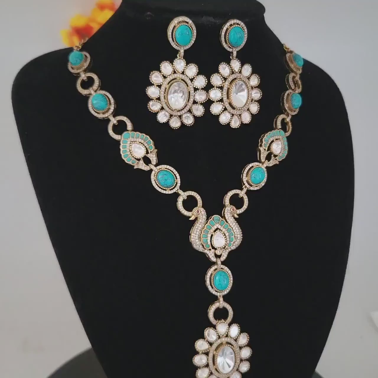 Victorian gold turquoise  doublet stone moissanite polki kundan necklace set|sabyasachi inspired jewelry|gift for her|statement necklace set