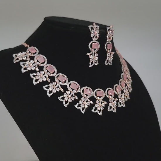 Rose Gold Emerald Green Necklace Set with Earrings| American Diamond Jewelry Set| Indian Bridal Jewelry| Wedding Necklace| Gift for her