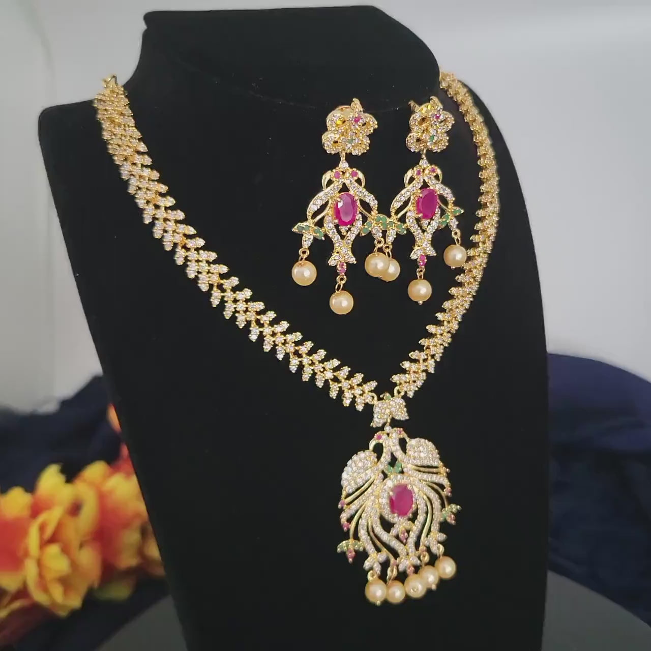 Pearl Drop American Diamond Necklace Earring set| Ruby & Green AD stone Necklace| Statement Indian Jewelry| Party wear necklace|Gift for her