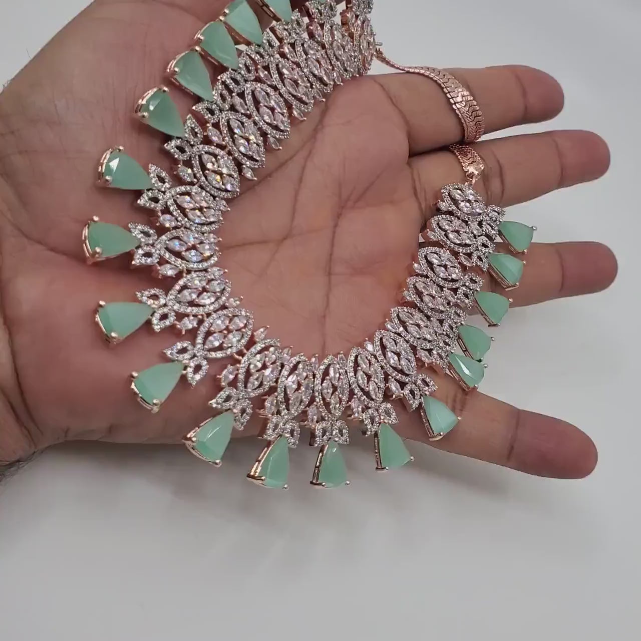 Rose Gold AD Stone Pink Choker Necklace Set| Grand Indian Bridal Wedding Jewelry| Indian-Pakistani Style Wedding Jewelry| Gift for her