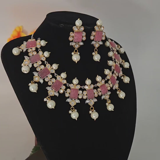Pearl & carved pink stone choker necklace set| wedding choker set| party wear statement necklace| stunning pink stone set| gift for her