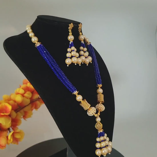 Elegant Turquoise Green Beads Gold tone Necklace Set|Luxury Beaded Necklace & Earring| Royal Blue Beaded and Pearl Jewelry Set|Gift for her