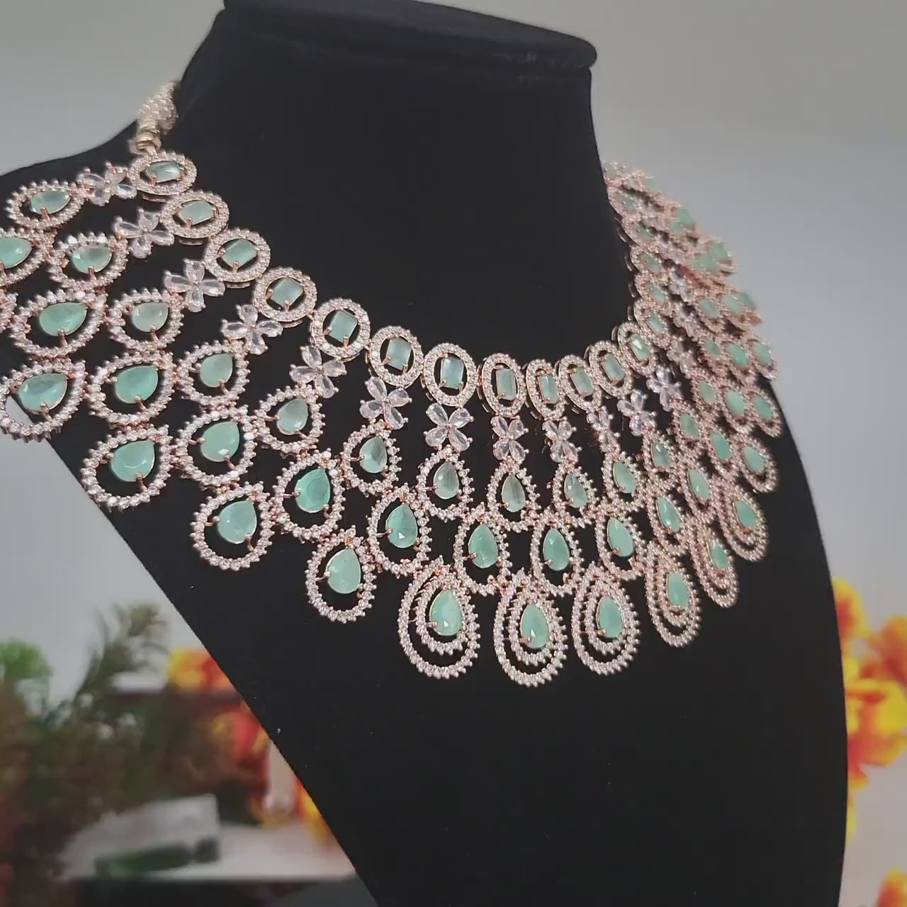 Rose gold American Diamond Mint Green Wedding Choker necklace with Maang tikka | Indian Bollywood style CZ Necklace and Tikka Jewelry Set