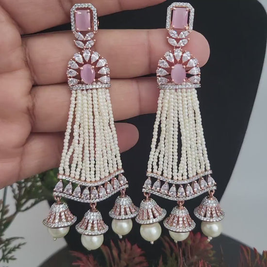 Luxury Kundan Pearl Jhumka Earrings| Rose Gold Mughal Bridal Jewelry| Grand Tassel Chandelier Earrings for Weddings| Gift for her