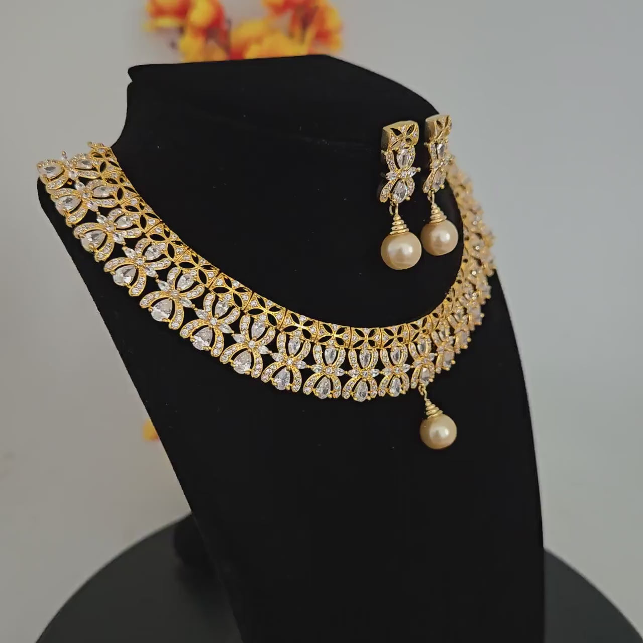 Gold-plated american diamond choker necklace set with pearls & cz stones| elegant wedding party jewelry| indian jewelry| gift for her