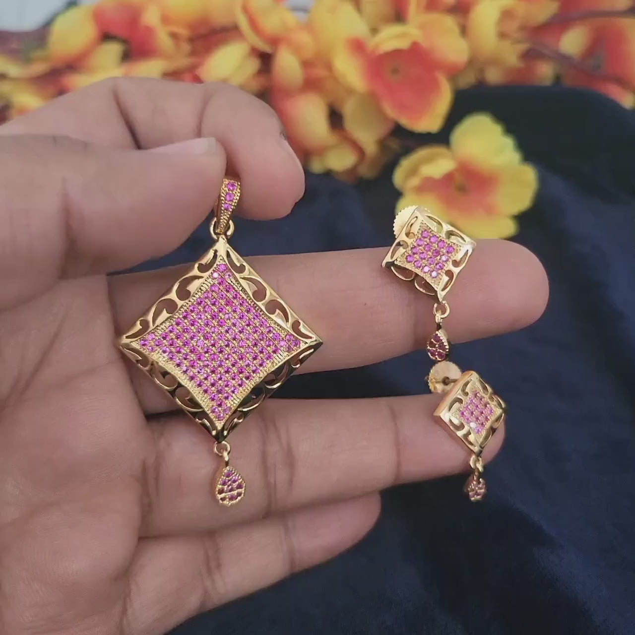 Gold plated pendant set with cz color stones in pink and blue -perfect for special occasions and gifts| minimalist pendant set| gift for her