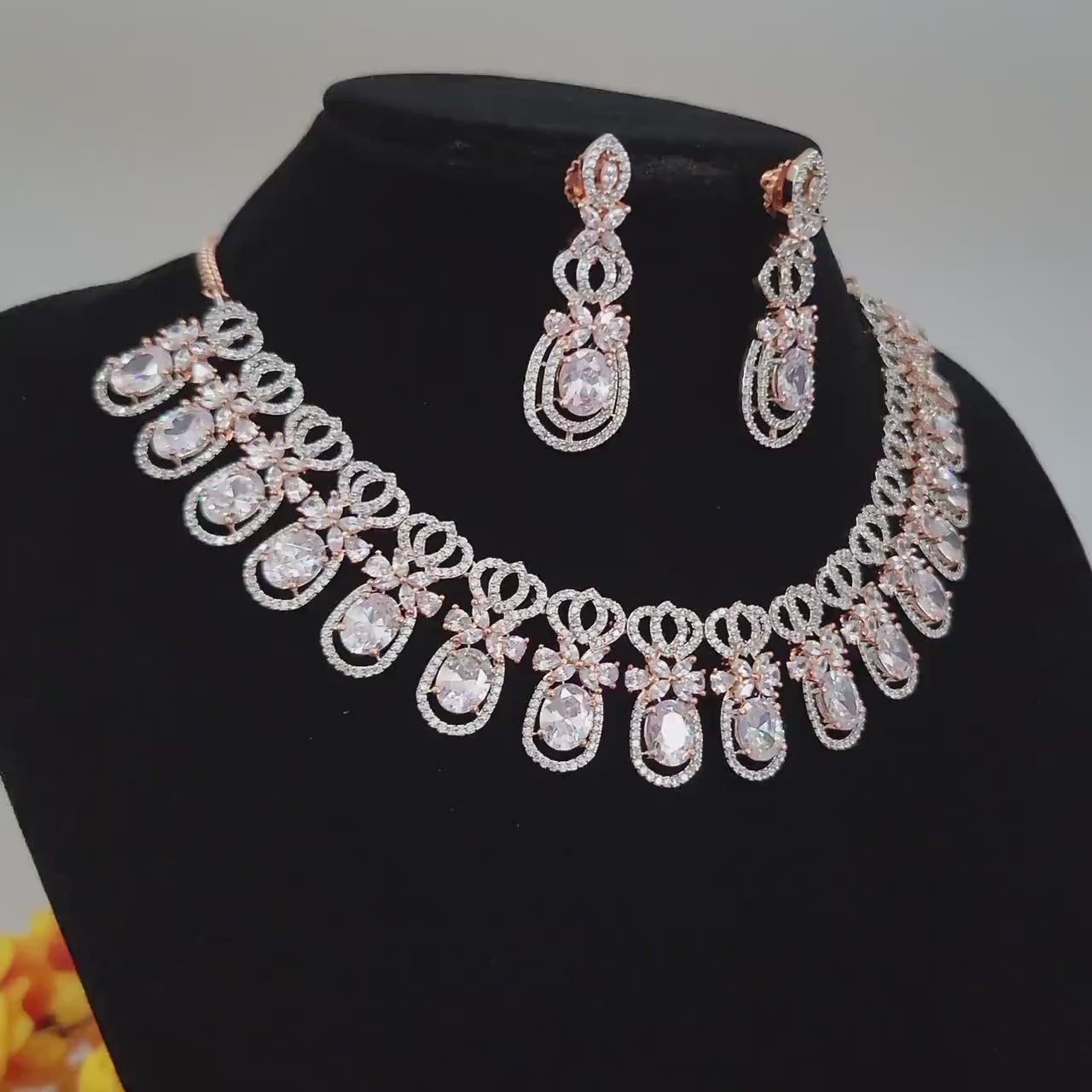 Rose Gold American Diamond CZ Necklace Set| Luxury Bridal & Formal Wear Jewelry|Statement Necklace|Bollywood style Wedding Necklace Earrings