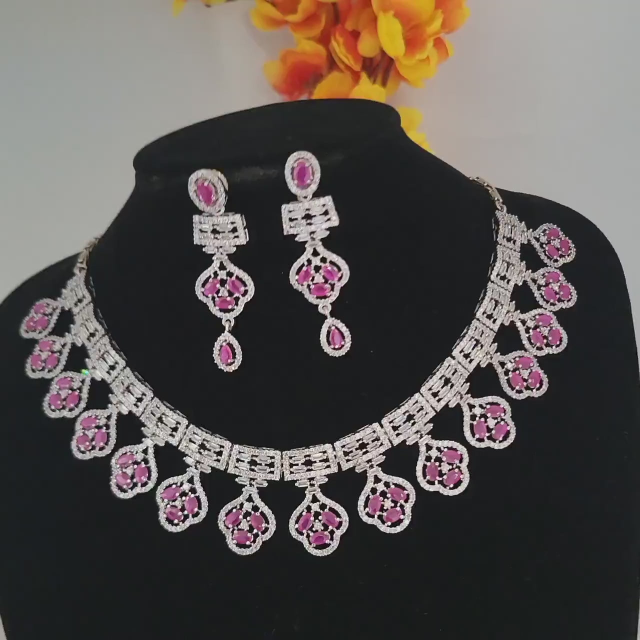 American Diamond CZ Ruby Necklace Earring set| Indian Wedding jewelry| Luxury Statement Necklace| Silver Plated Crystal AD Choker Necklace