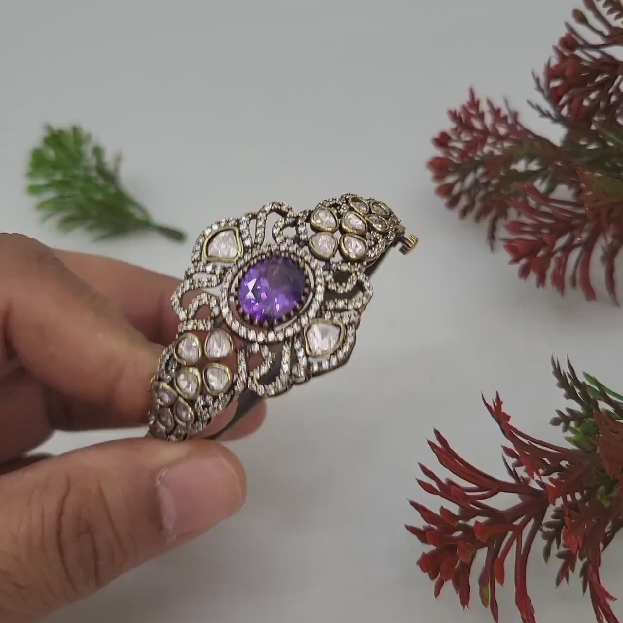Victorian-Polish Openable Amethyst Crystal Kada Bracelet|Antique Gold Plated Bollywood statement Bangle bracelet|Indian Jewelry|Gift for her