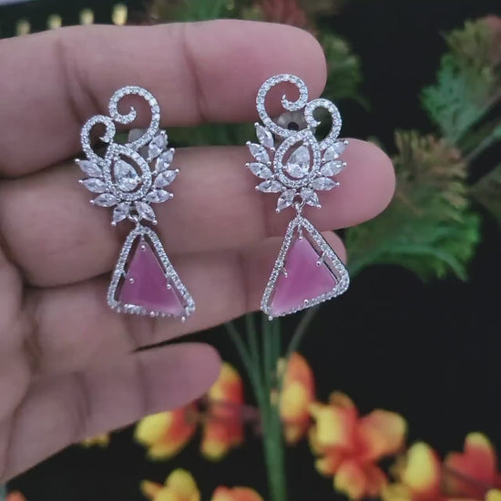 Best quality silver cubic zirconia triangle drop earrings with acrylic stone fashion womens jewelry