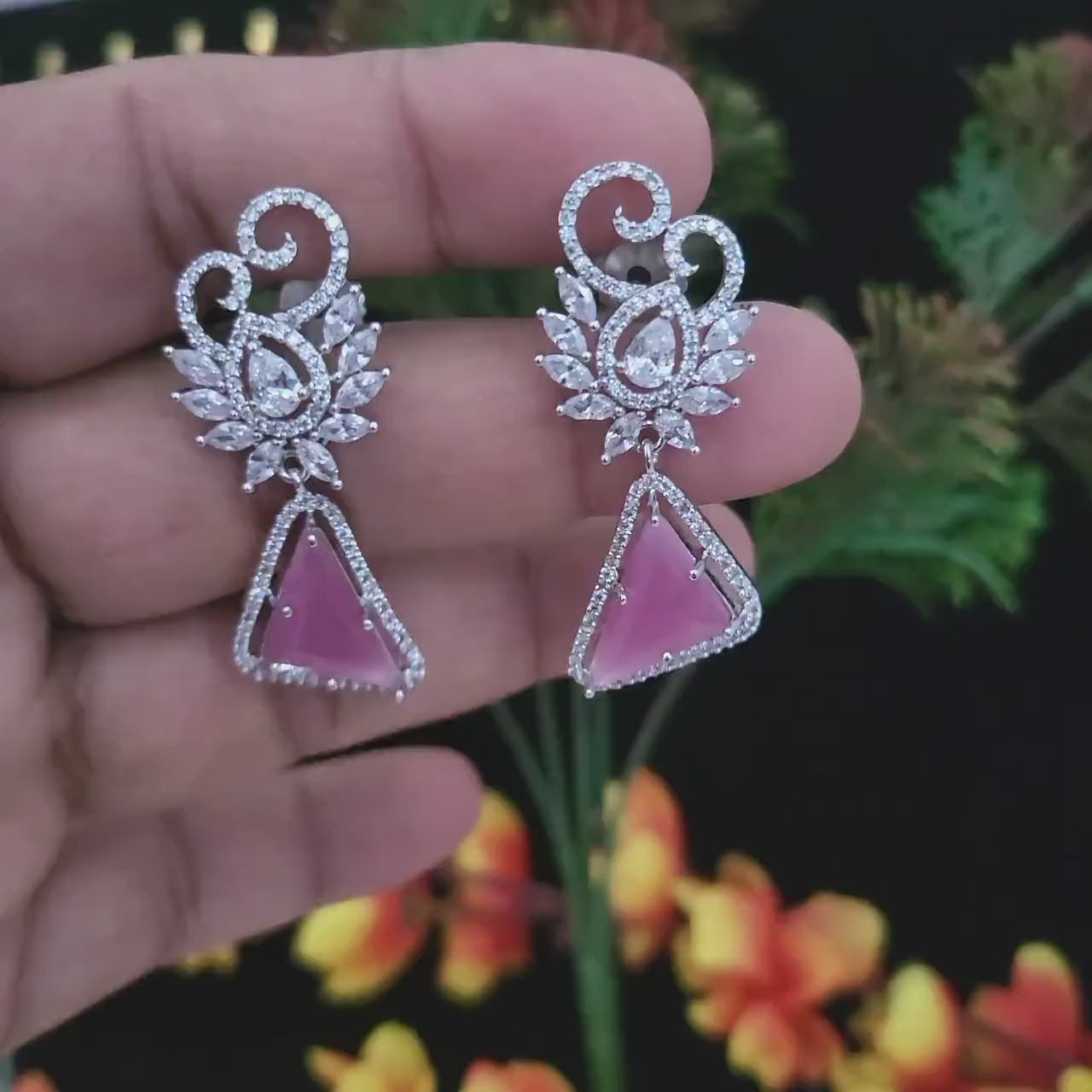 Best quality silver cubic zirconia triangle drop earrings with acrylic stone fashion womens jewelry