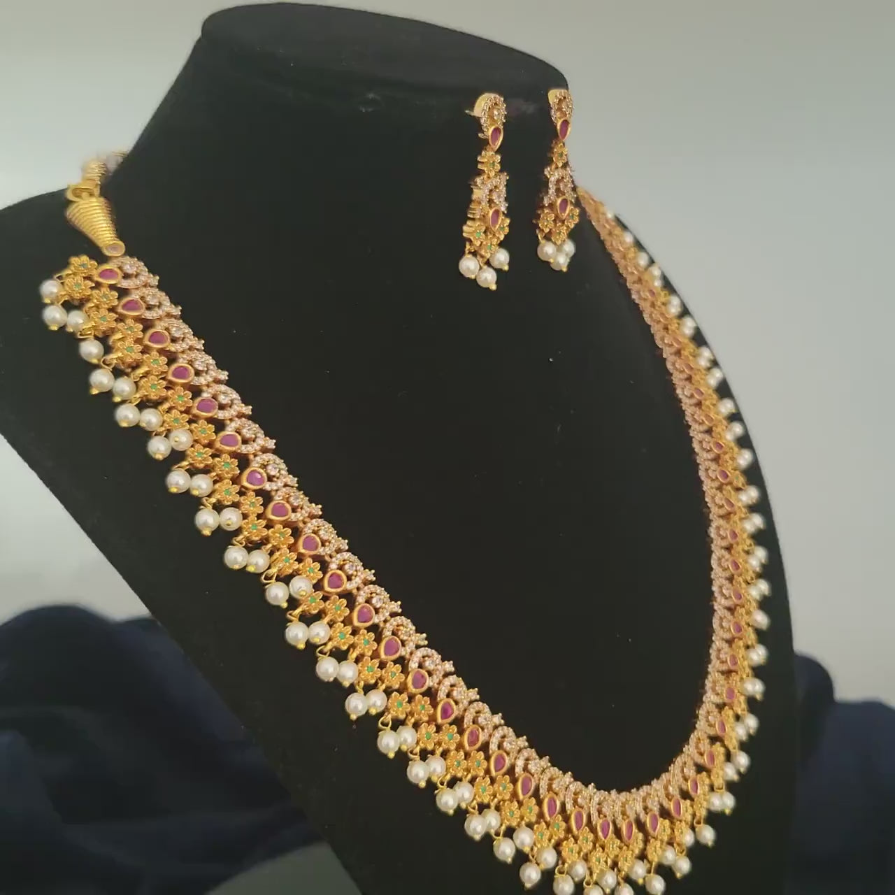 Gold Plated Ruby Green Flower Design Long necklace|South Indian Guttapusalu Necklace Earring set| Indian Bollywood Wedding Statement jewelry