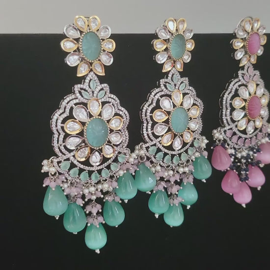 Handmade Real Kundan Wedding Earrings | Bridal Kundan Earring set|American Diamond Large Indian Wedding chandelier earrings|Punjabi Earrings