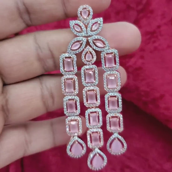 Best Quality Rose Gold American Diamond CZ Indian Jewelry Earrings | Long AD Indian Bollywood Pakistani Designer Earrings | Trendy Earrings