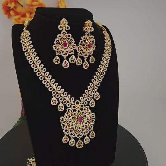 Gold plated american diamond ruby/green necklace with jhumka earrings| south indian style wedding necklace| statement necklace| gift for her