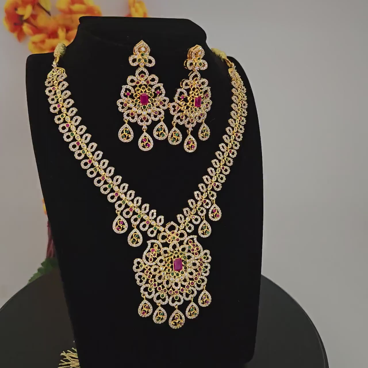 Gold plated american diamond ruby/green necklace with jhumka earrings| south indian style wedding necklace| statement necklace| gift for her