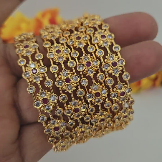 Gold plated bangles with pink stones set of 4| south indian style floral design bangles| daily-wear statement bangles| stylish gift for her