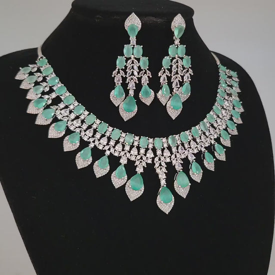 Silver american diamond necklace earring set| statement necklace| cz crystal wedding jewelry| indian bollywood style jewelry| gift for her