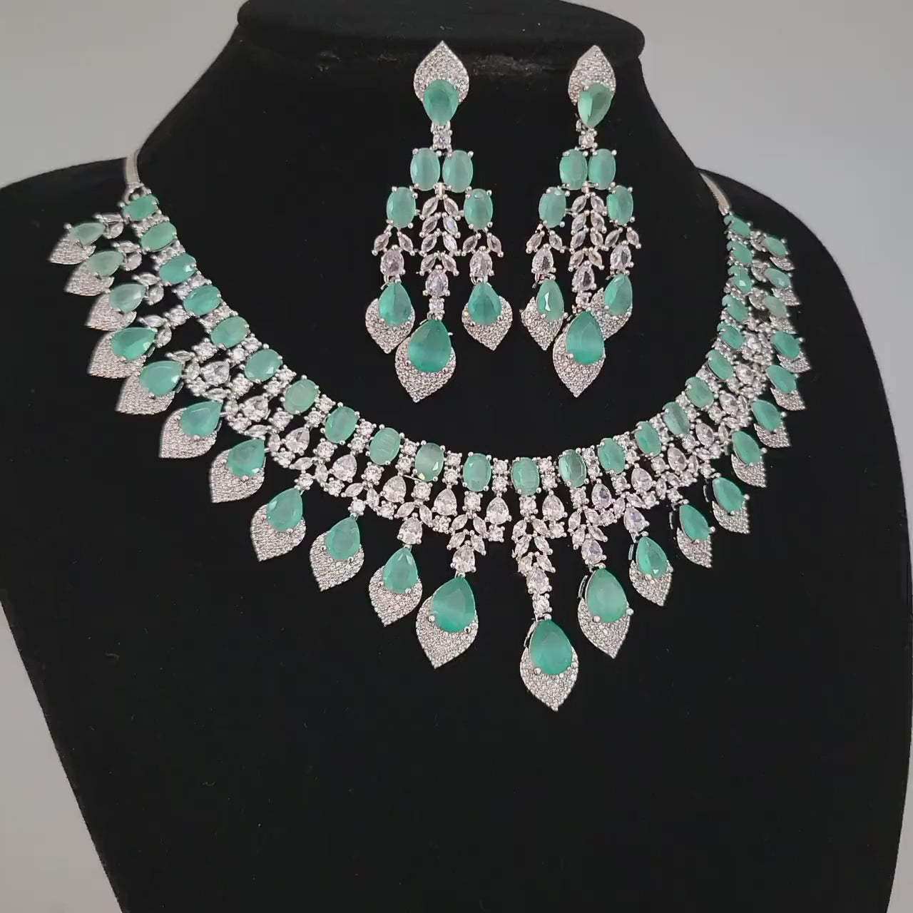 Silver american diamond necklace earring set| statement necklace| cz crystal wedding jewelry| indian bollywood style jewelry| gift for her