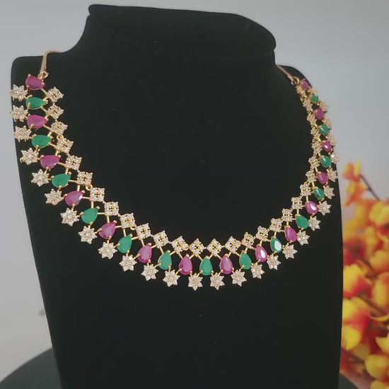 American diamond crystal necklace earring set | cz star diamond necklace design | indian wedding bridal choker | multi colored stone jewelry