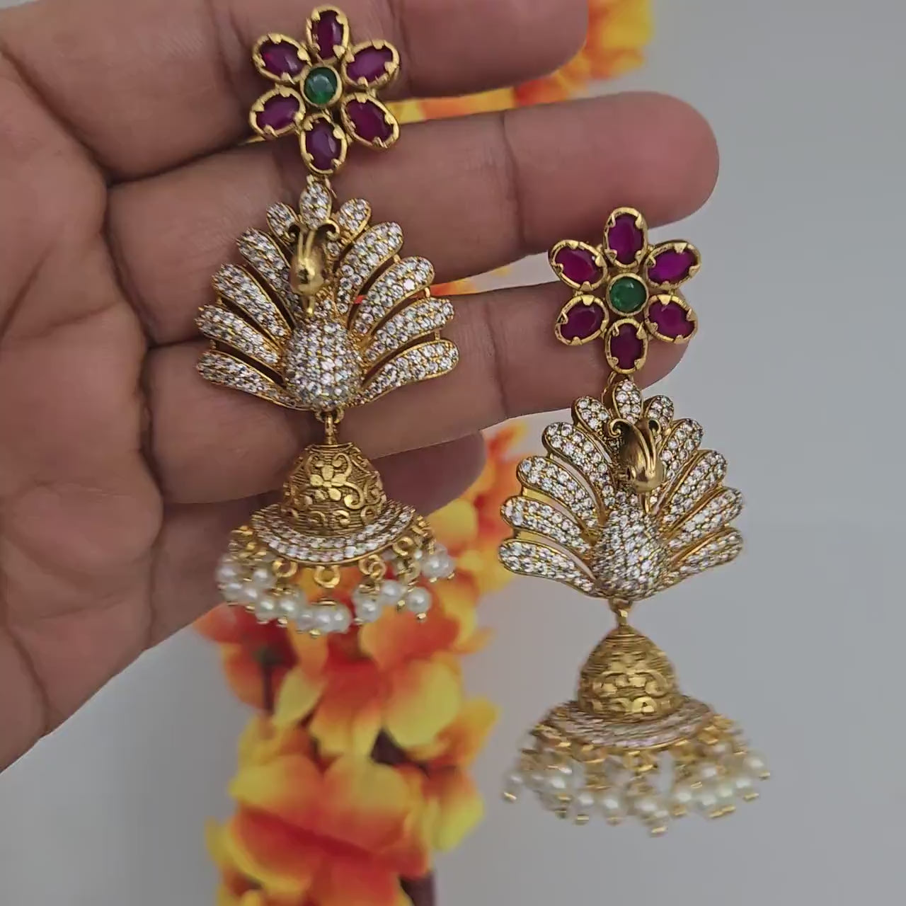 Traditional gold jhumka indian earrings| american diamond cz stone peacock design & pearl drops long earrings|south indian wedding earrings