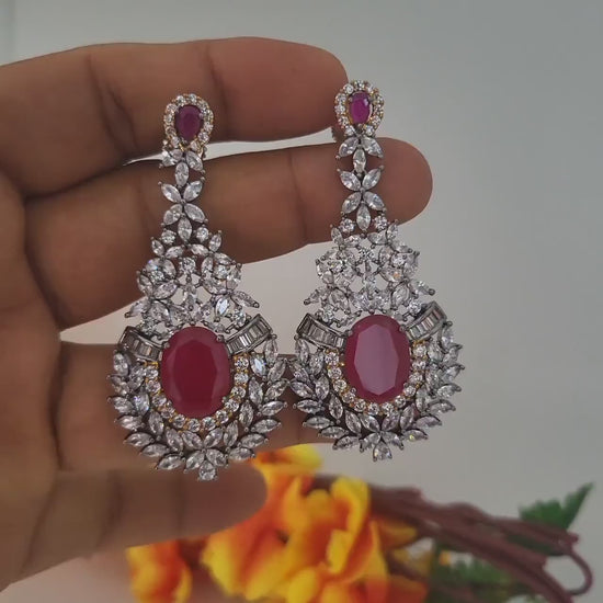 Long Statement Earrings 3 Inch| Ruby Champagne AD Earrings| Indian Wedding Jewelry| Bridal Dangle Earrings| CZ Party Wear Jewelry