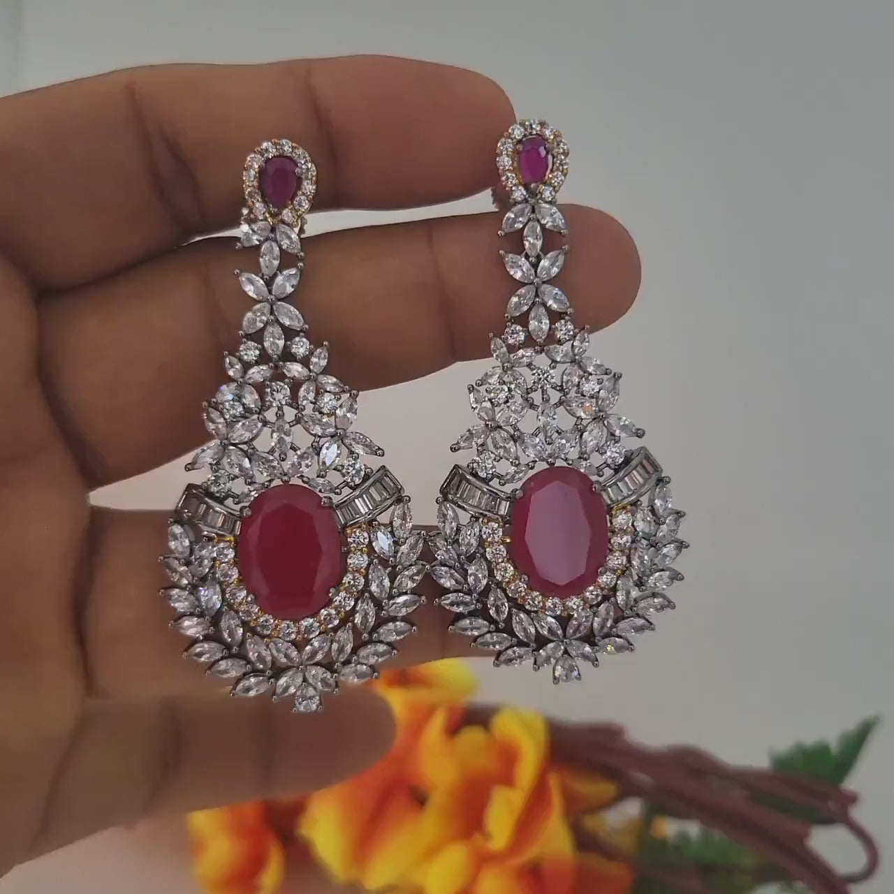 Long Statement Earrings 3 Inch| Ruby Champagne AD Earrings| Indian Wedding Jewelry| Bridal Dangle Earrings| CZ Party Wear Jewelry