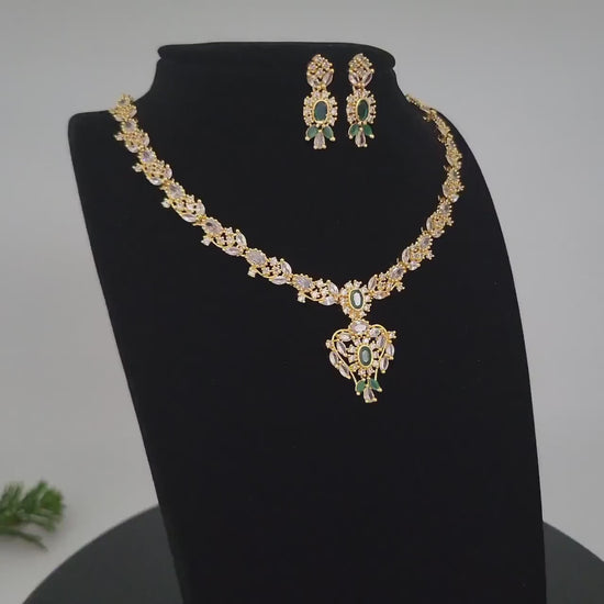 American Diamond necklace Earrings |Gold Plated emerald necklace Floral pattern |Beautiful Ruby necklace Floral design |Clear stone necklace