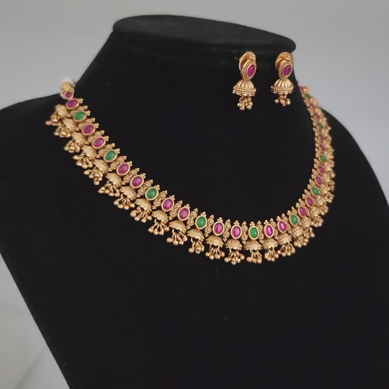 Traditional Matte Gold choker Necklace and small Jhumka Earrings Set |Indian Designs |Ethnic Indian Bridal Wedding Jewelry Set |Gift for her