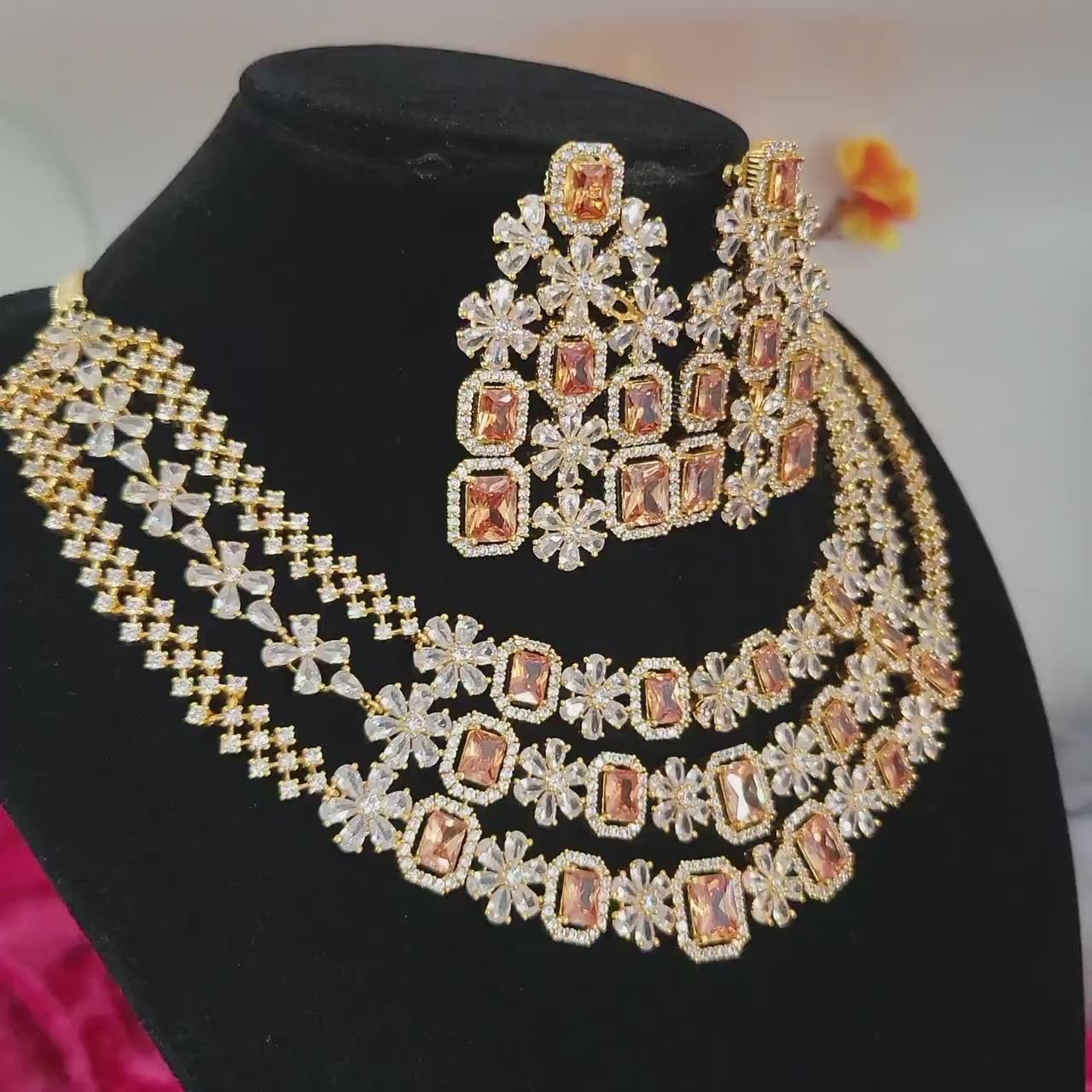 American Diamond Multi-Layer Necklace and Earrings set with CZ White/Ruby Stones| Statement Wedding Necklace| Indian Jewelry| Gift for her