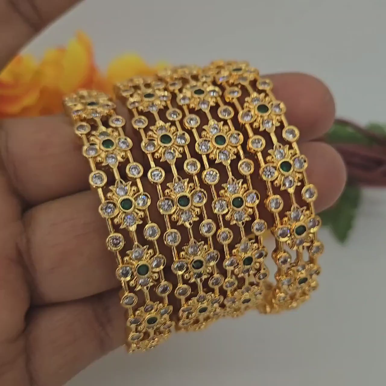 Gold plated bangles with green stones set of 4| south indian style floral design bangles| daily-wear statement bangles| stylish gift for her