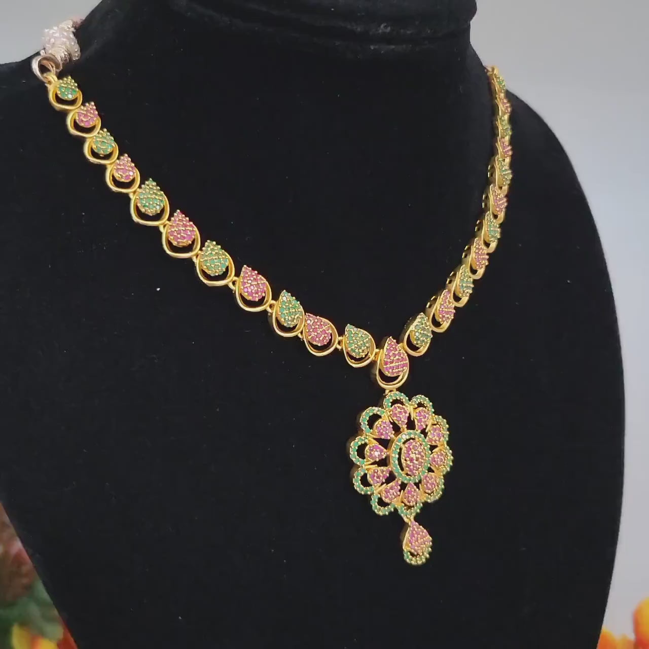 Antique Gold Matte polish American Diamond choker necklace Earring set | South Indian Style Ruby and Emerald Flower Design Wedding Jewelry