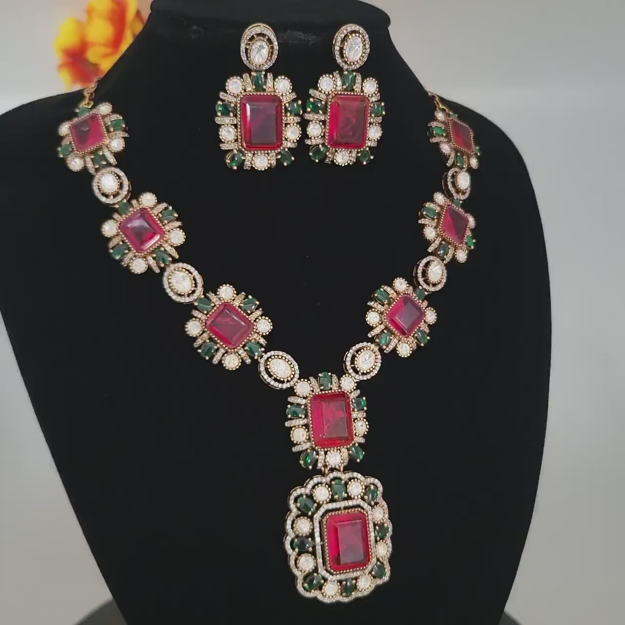Victorian gold polish american diamond necklace set| statement necklace| polki kundan stone necklace| indian wedding jewelry| gift for her