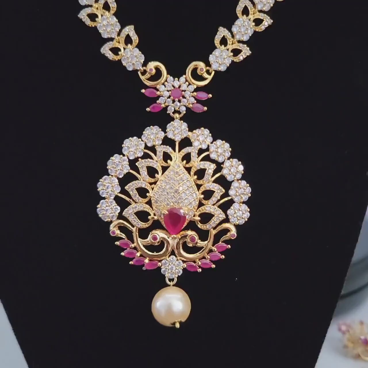 Ruby CZ Long Necklace Set with Jhumka Earrings| Gold Plated American Diamond Bridal Jewelry| Pearl Drop Jhumka Earrings| Gift for her