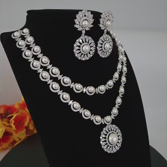 Double Layer Pearl Necklace Set| Bridal CZ Stone Jewelry| Kundan Pearl Necklace Earrings| Indian Wedding Jewelry Set| Gift for Her