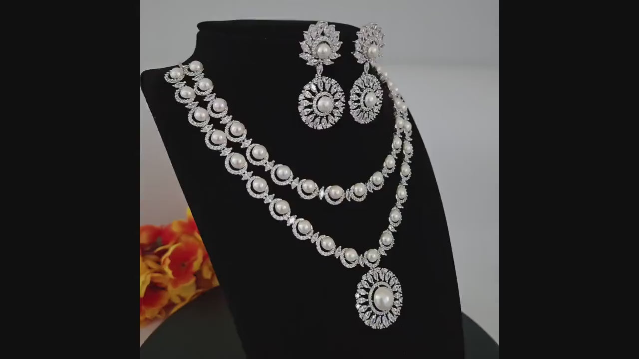 Double Layer Pearl Necklace Set| Bridal CZ Stone Jewelry| Kundan Pearl Necklace Earrings| Indian Wedding Jewelry Set| Gift for Her