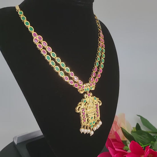 Lakshmi devi necklace designs | gold necklace designs with ruby and emerald stones with lakshmi pendant |indian temple jewelry necklace