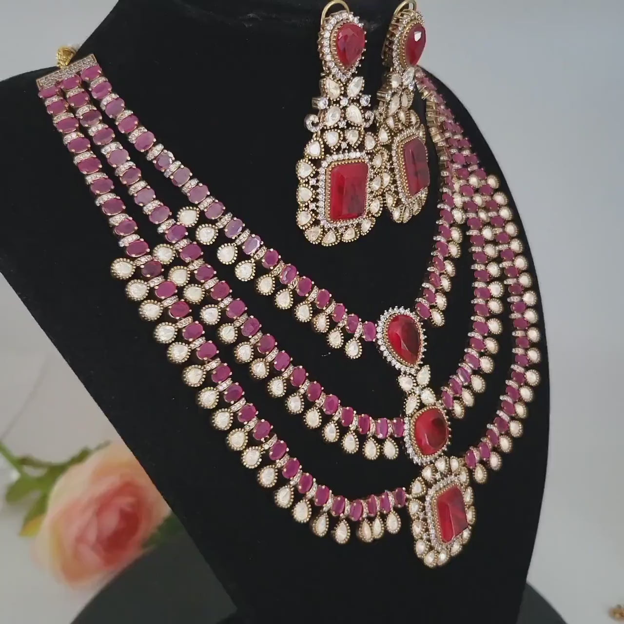 Indian Bridal Necklace Set CZ Kundan Style| Red Turquoise Green Doublet Stone Long Layered Necklace Earrings Tikka, Indian Wedding Jewelry