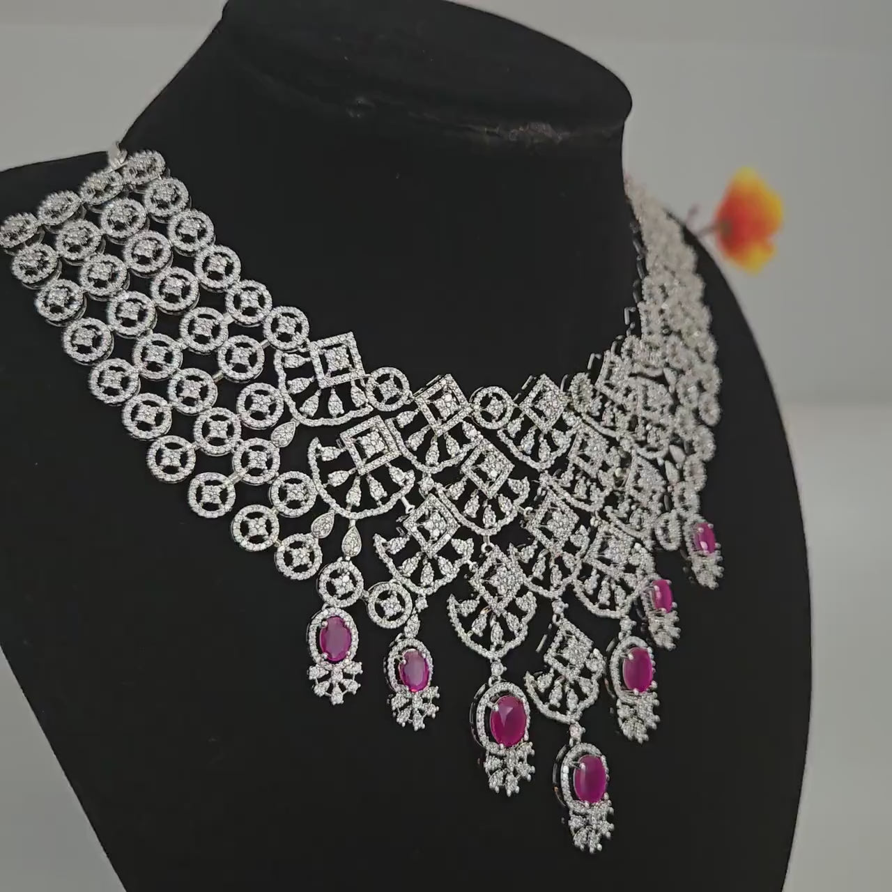 American diamond gold plated cz necklace set| ruby emerald green stone choker| floral motif jewelry| traditional indian wedding party wear