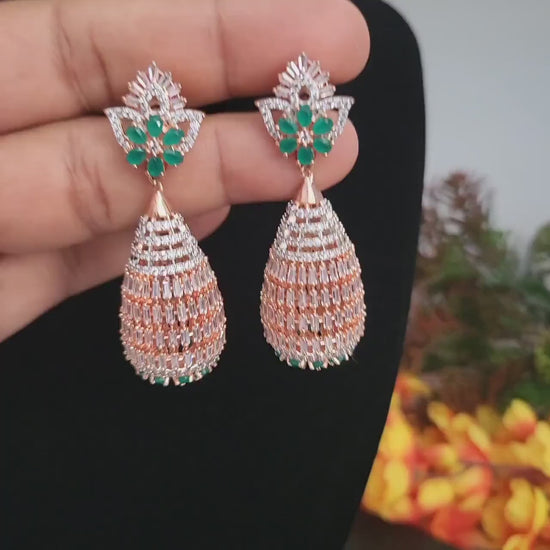 Rose gold american diamond chandelier earrings with sapphire blue/ emerald green cz stones|statement fashion designer earrings| gift for her