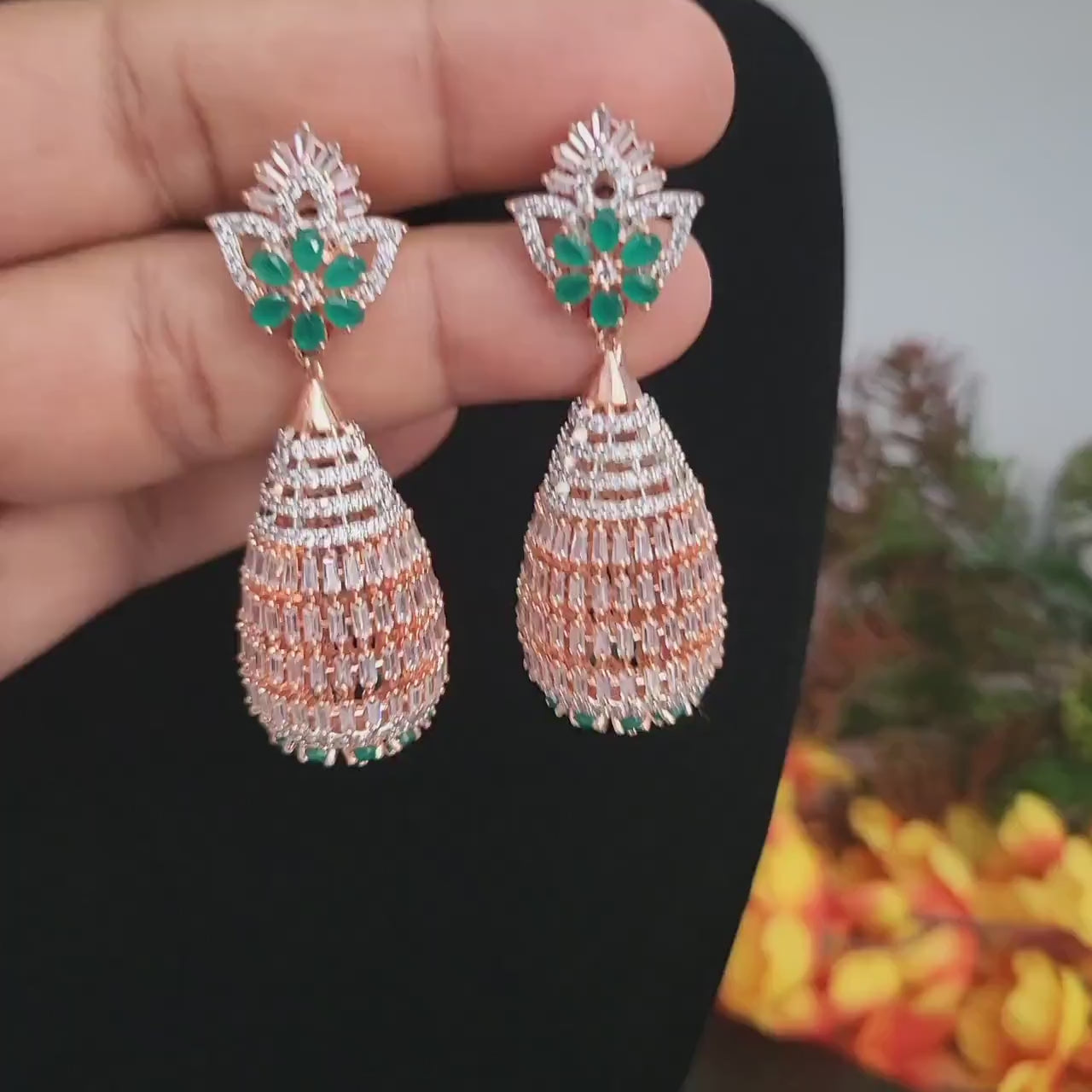 Rose gold american diamond chandelier earrings with sapphire blue/ emerald green cz stones|statement fashion designer earrings| gift for her