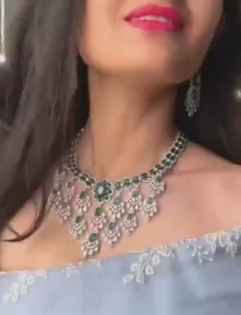CZ Diamond Emerald Necklace Set| American Diamond Necklace set with floral design| Statement Jewelry| Bollywood Style Indian Wedding jewelry