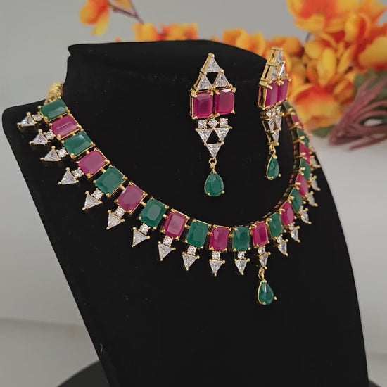 Gold plated ruby emerald ad stone choker| indian wedding jewelry| minimalist american diamond cz bridal wedding jewelry| gift for her